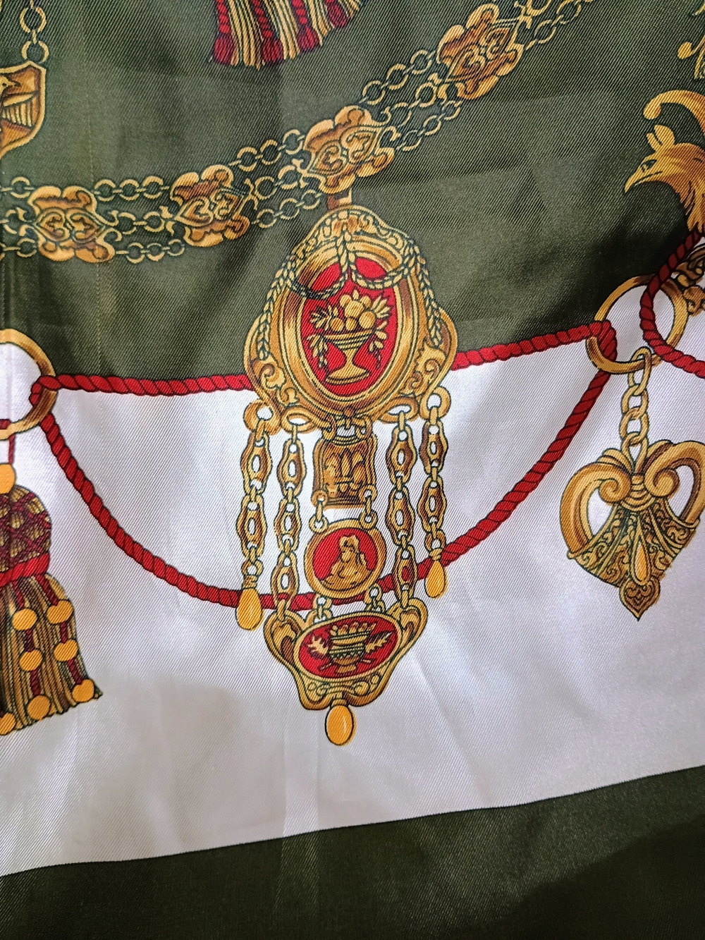 Hermes Green, White & Gold Silk Scarf with Ornate Medallion Design - Vintage - Picture 7 of 10